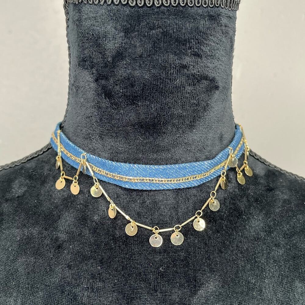 Ettika Denim & Gold Disc Chain Choker Necklace - Picture 1 of 4